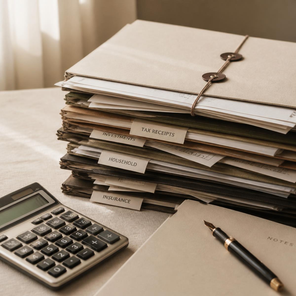 Organized folders of receipts beside a calculator and pen on a linen desk